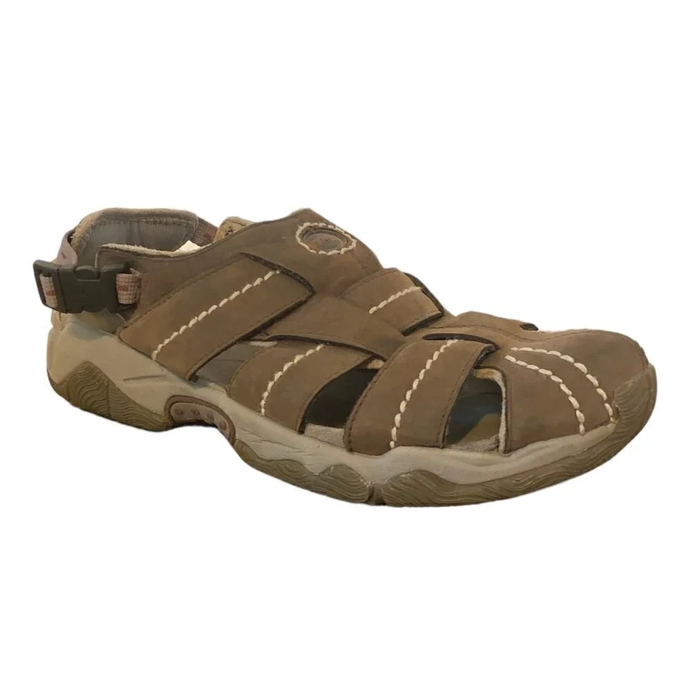 TEVA Sandals Men's Size 9 Brown Tan Leather Stitching Pattern F10004L Hiking